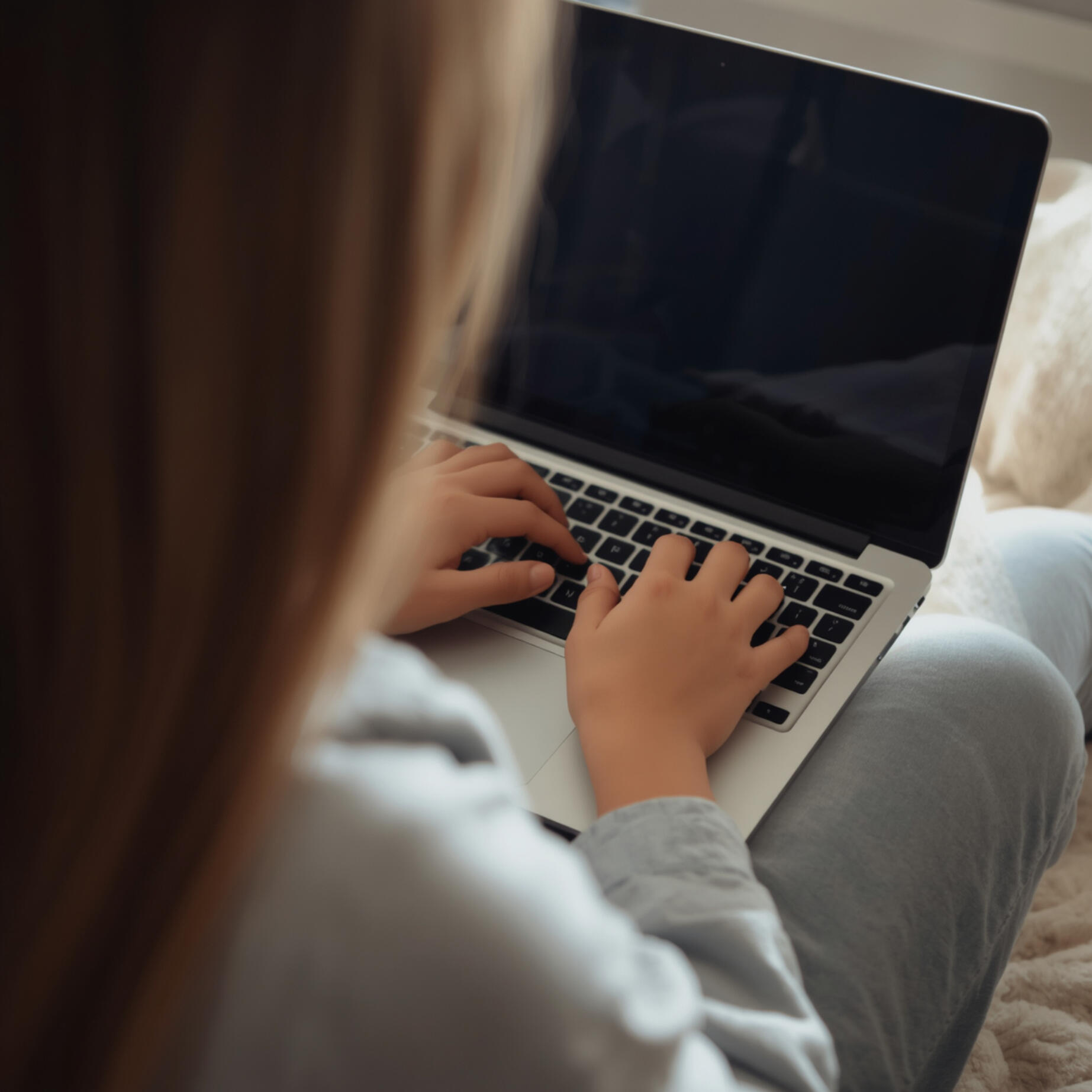 Online learning Woman sitting cross-legged on a couch, typing on a laptop, representing a remote online energy healing session and learning for certification.