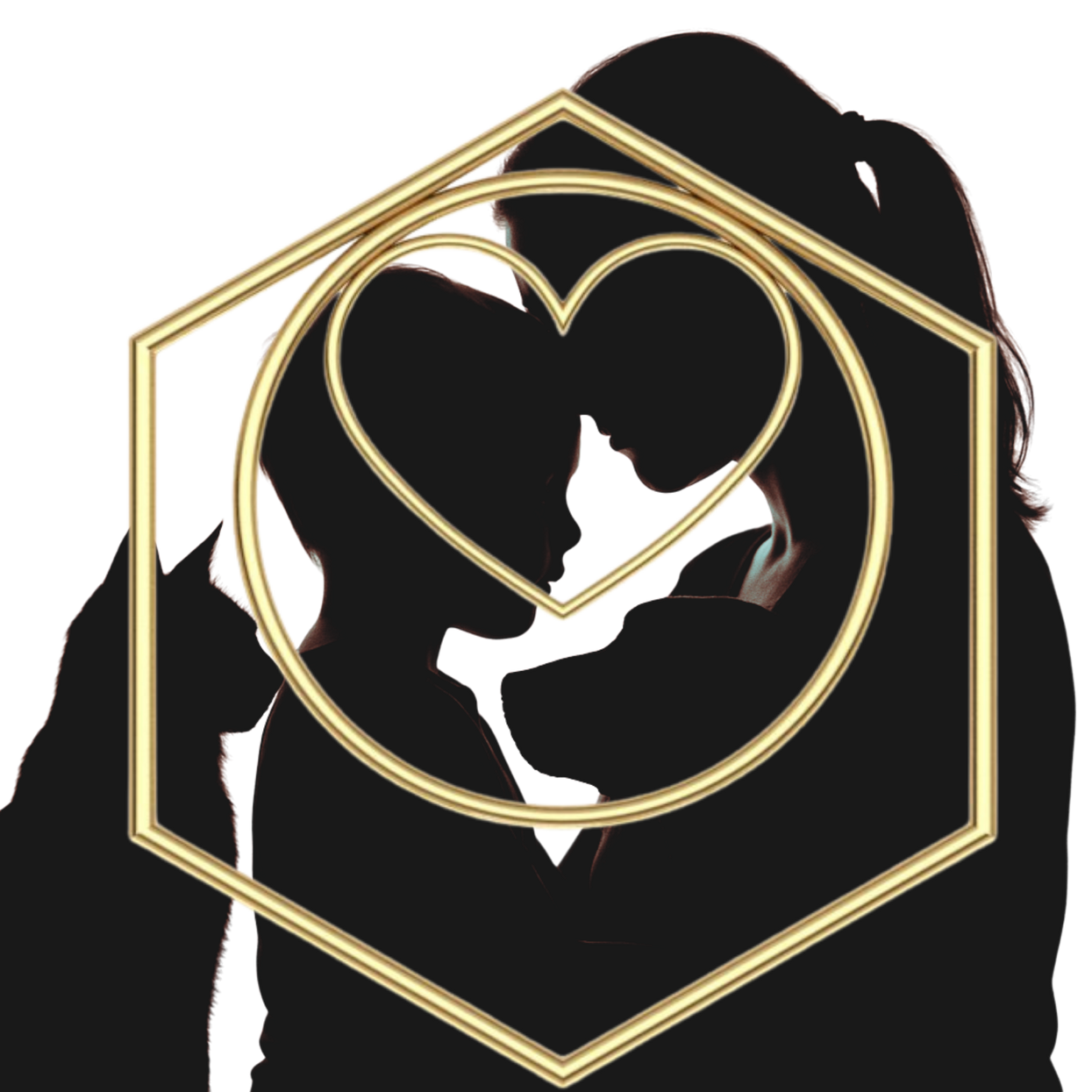 People, pets and logo image Caroline Jane heart and hexagon emblem over a silhouette of two faces (mother and child) as well as a cat and a dog.